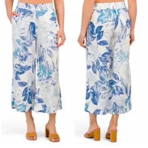 C&C California Cropped Wide Leg Linen Pants Blue Floral Tropical Large - Picture 1 of 8